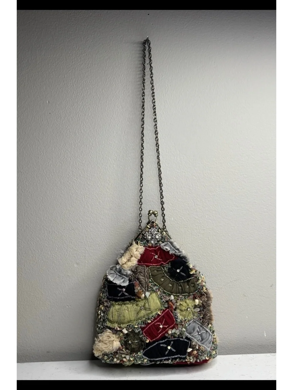 Mary Frances Mixed Media Beaded Patchwork Hobo Purse with Adjustable Strap